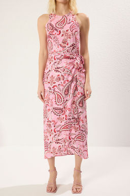 Pembe Sal Desen A Kesim Baglama Detayl? Midi Dokuma Elbise TWOSS24EL00458