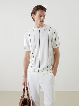 Bisiklet Yaka K?sa Kollu ?izgili Erkek Triko Kazak