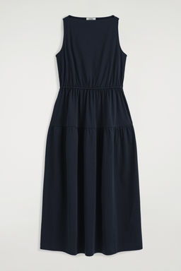 VESTIDO MIDI FRUNCIDO CON CUELLO BARCO