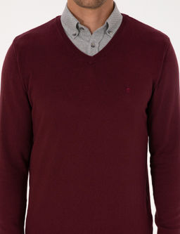 Koyu Bordo Slim Fit V Yaka Basic Triko Kazak - Pierre cardin фото 6