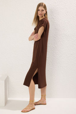 TRENDYOLMILLA Antrasit %100 Pamuk Eskitme Efektli Y?rtmacl? Shift/Rahat Kesim Orme T-shirt Elbise TWOSS24EL00140  фото 2