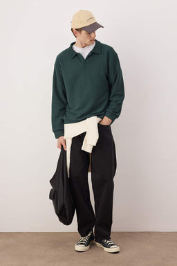 Petrol Yesili Yeni Oversize/Genis Kesim Polo Yaka Kal?n C?tc?tl? Sweatshirt TMNAW26SW00051
