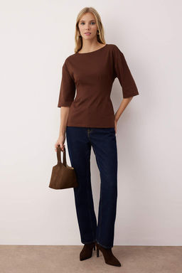 Kahverengi Interlok Peplum/Belden Oturmal? Esnek Orme Bluz TWOAW26BZ00187