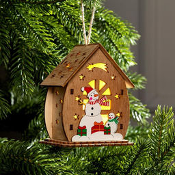 Ёлочная игрушка Домик со снеговиками, 11х6х9 см, от батареек, свечение тёплое белое