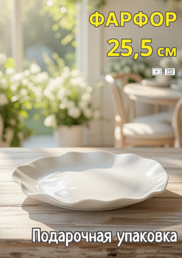 Тарелка обеденная, 26 см, фарфор P, белая, Волнистый край, White ocean