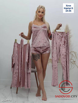 Пижама велюровая с халатом комплект