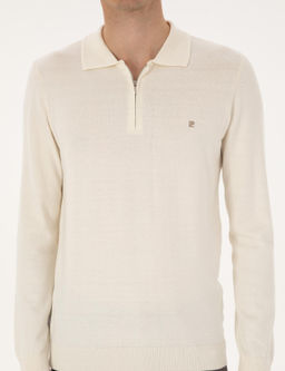 Ekru Slim Fit Polo Yaka Fermuarl_ Basic Triko Kazak - Pierre cardin фото 6
