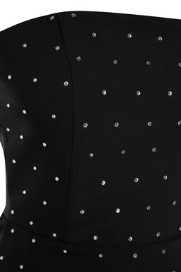 TRENDYOLMILLA Siyah Tas Bask?l? Straplez Dokuma K?sa S?k Abiye Elbise TPRSS23EL00577 фото 8