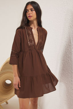 Kahverengi Dokuma Dantel %100 Pamuk Plaj Mini Elbise TBESS20EL0854