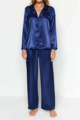 Lacivert Saten Gomlek-Pantolon Dokuma Pijama Tak?m? THMAW24PT00026 - Trendyolmilla фото 5