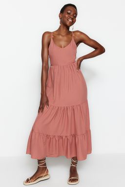 TRENDYOLMILLA Gul Kurusu Etegi Volanl? S?rt Baglama Detayl? Ask?l? Maxi Dokuma Elbise TWOSS23EL00027  фото 9