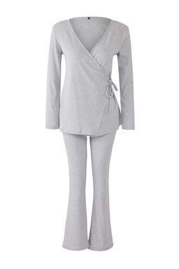 Gri Melanj Baglama Detayl? Kruvaze Yaka Fitilli Orme Pijama Tak?m? THMAW26PT00003 - Trendyolmilla фото 5