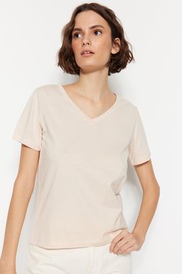 Haki-Bej %100 Pamuk 2li Paket Basic V Yaka Orme T-Shirt TWOSS23TS00002