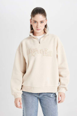 Женская свободная толстая толстовка с воротником-стойкой и половиной молнии с принтом - Defacto фото 3