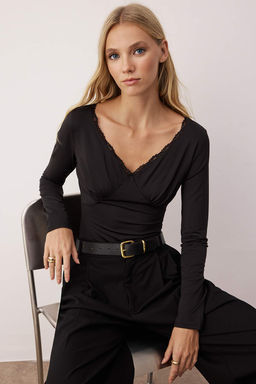 Siyah V Yaka Dantel Detayl? C?tc?tl? Esnek Orme Body TWOAW26BD00013 - Trendyolmilla фото 2