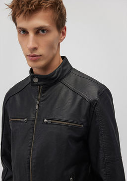 Siyah Suni Deri Ceket - Mavi фото 6