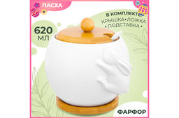 Сахарница 620 мл 12*12*12 см "Кролик" + ложка + дер. крышка на дер. подставке