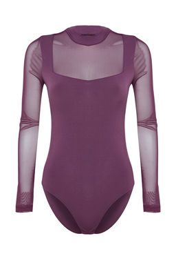 TRENDYOLMILLA Siyah Slim Tul Detayl? Uzun Kollu Dik Yaka Alttan C?tc?tl?Esnek Orme Body TWOAW24BD00049  фото 7