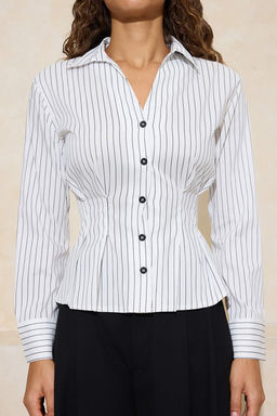 Beyaz Cizgili Bele Oturan Dugme Detayl? Gomlek TWOSS26GO00034 - Trendyolmilla фото 3