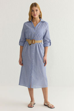 Mavi Kemerli Cizgili Midi Dokuma Gomlek Elbise TWOSS25EL00063