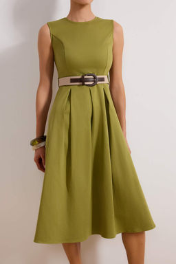 Haki Duz Kemerli Pili Detayl? Midi Dokuma Elbise TWOSS26EL00123