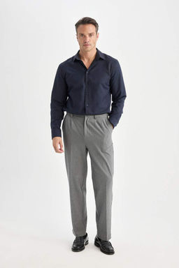 Темно-синяя текстурированная рубашка с длинным рукавом Снова в школу современного кроя с воротником-поло - Defacto фото 2