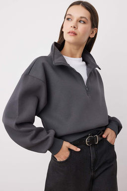 Antrasit Rahat Kesim Crop Fermuarl? Dik Yaka Kal?n Ici Polarl? Orme Sweatshirt TWOAW24SW00221