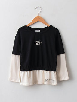 Bisiklet Yaka Bask?l? Uzun Kollu K?z ?ocuk Sweatshirt