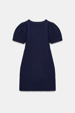 VESTIDO CORTO PUNTO MANGA ABULLONADA / Azul tinta