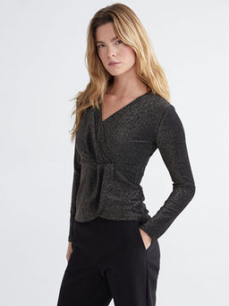 Kruvaze Yaka Parlak G?r?n?ml? B?zg?l? Bluz