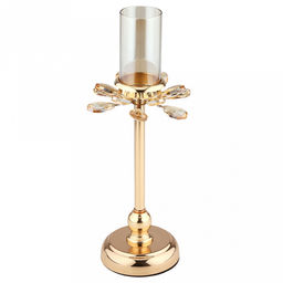 Подсвечник металлический "Аурелия" h32,8см, чаша с колбой стекло д5см, h9см, нескользящее основание д10см, золотой/янтарный, в коробке (Китай)