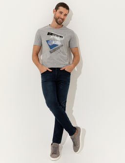 A__k Gri Melanj Slim Fit Bask_l_ Bisiklet Yaka Ti__rt