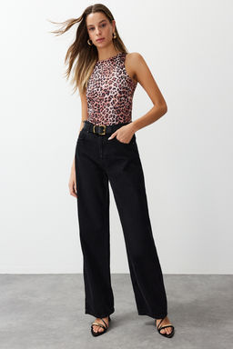 Ac?k Kahverengi Leopar Desenli Halter Yaka Esnek Alttan C?tc?tl? Orme Body TWOSS20BD0044