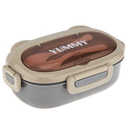 Ланч-бокс для продуктов пластмассовый Вкусно 20х12см h6,3см, 2 отделения 1л, с ложкой 14,3см, с вилкой 14,3см, с клипсами, с пароотводом, с уплотнителем, цвета в ассортименте: серо-бежевый, зеленый, сине-желтый, розово-карамельный, в п/эт пакете (К - Домашняя мода фото 2