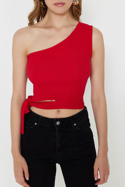K?rm?z? Tek Omuz Fitted/Vucuda Oturan Baglama Detayl? Fitili Orme Bluz TWOSS22BZ1558