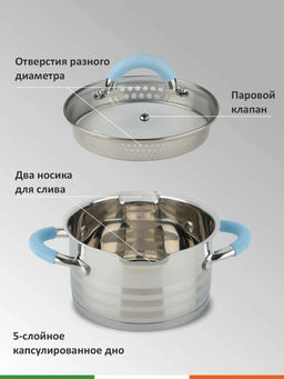 Кастрюля 2.5 л MELODIA нерж сталь, крышка-дуршлаг, 2 носика для слива арт.109007 /MALLONY/  фото 4