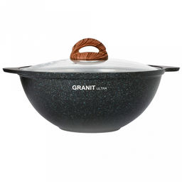 Казан для плова с антипригарным покрытием 3,5л, д29,5см "Granit Ultra", h12см, литой, стеклянная жаропрочная крышка, голубой гранит, "Kukmara" (Россия) - можно использовать металлические кухонные принадлежности