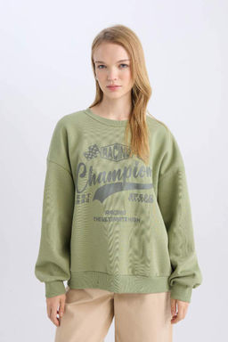 Женский крутой толстый свитшот оверсайз с широким кроем и круглым вырезом с принтом - Defacto фото 3