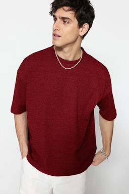 Basic Bordo Oversize/Genis Kesim Dokulu Waffle K?sa Kol T-Shirt TMNSS22TS00049