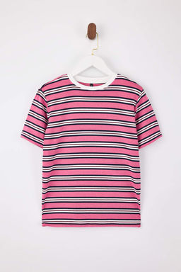 Pembe Cizgili Regular/Normal Kal?p K?sa Kollu Tok %100 Pamuk Vatkal? Orme T-Shirt TWOSS26TS00031