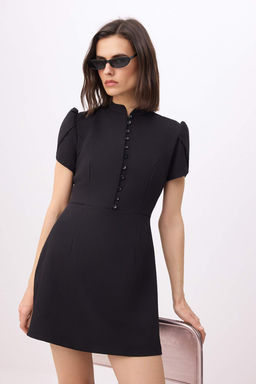 Siyah Balon Kollu Dugmeli Mini Dokuma Elbise TWOSS26EL00624
