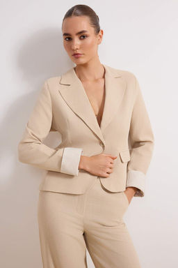 Bej Cizgili Astar Detayl? Dokuma Keten Gorunumlu Blazer Ceket TWOSS26BC00013 - Trendyolmilla фото 2