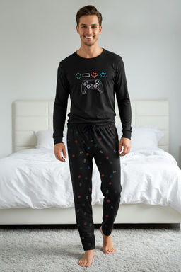 Siyah Regular Game Bask?l? Orme Pijama Tak?m? TMNAW24PT00012