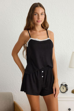 Trendyolmilla Siyah Dantel ve Kurdele/Fiyonk Deteyl? Ip Ask?l? Sortlu Orme Pijama Tak?m? THMSS25PT00083 фото 9