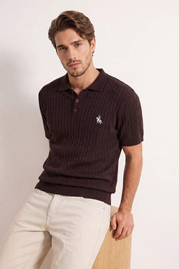 Kahverengi Regular/Normal Kesim Nak__l_ Dokulu Triko Polo Yaka T-shirt TMNAW27PO00004