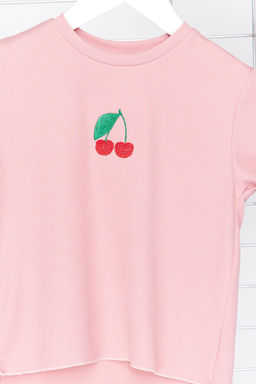 Ac?k Pembe K?z Cocuk Pamuklu Kirazl? Regular Kal?p Fitilli K?sa Kol Orme T-Shirt TKDSS24TS00009 - Trendyolmilla фото 3