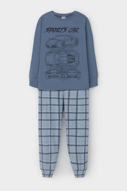 К 1541/синий джинс,шотландская клетка пижама дет