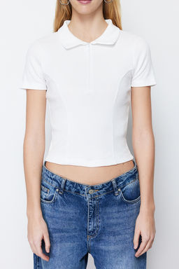 Ekru Fitilli Dikis Detayl? Polo Yaka Crop Esnek Orme Bluz TWOSS24BZ00366