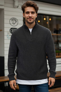 Antrasit Regular Fit Y_nl_ Fermuarl_ Bal_k__ Yaka Triko Kazak TMNAW22KZ0347