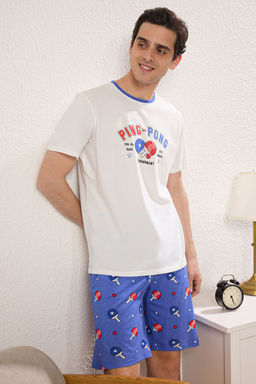 TRENDYOL MAN Ekru -Mavi Regular Fit Spor Temal? Orme Sortlu Pijama Tak?m? TMNSS25PT00014 - Trendyolmilla фото 2